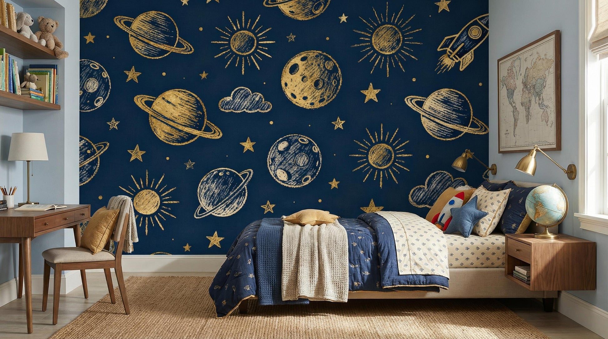 Navy Celestial Gold Space Wallpaper – peel and stick wallpaper mural, Golden Era Walls