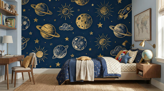 Navy Celestial Gold Space Wallpaper – peel and stick wallpaper mural, Golden Era Walls