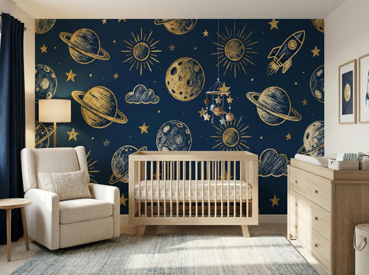 Navy Celestial Gold Space Wallpaper – detail view, Golden Era Walls