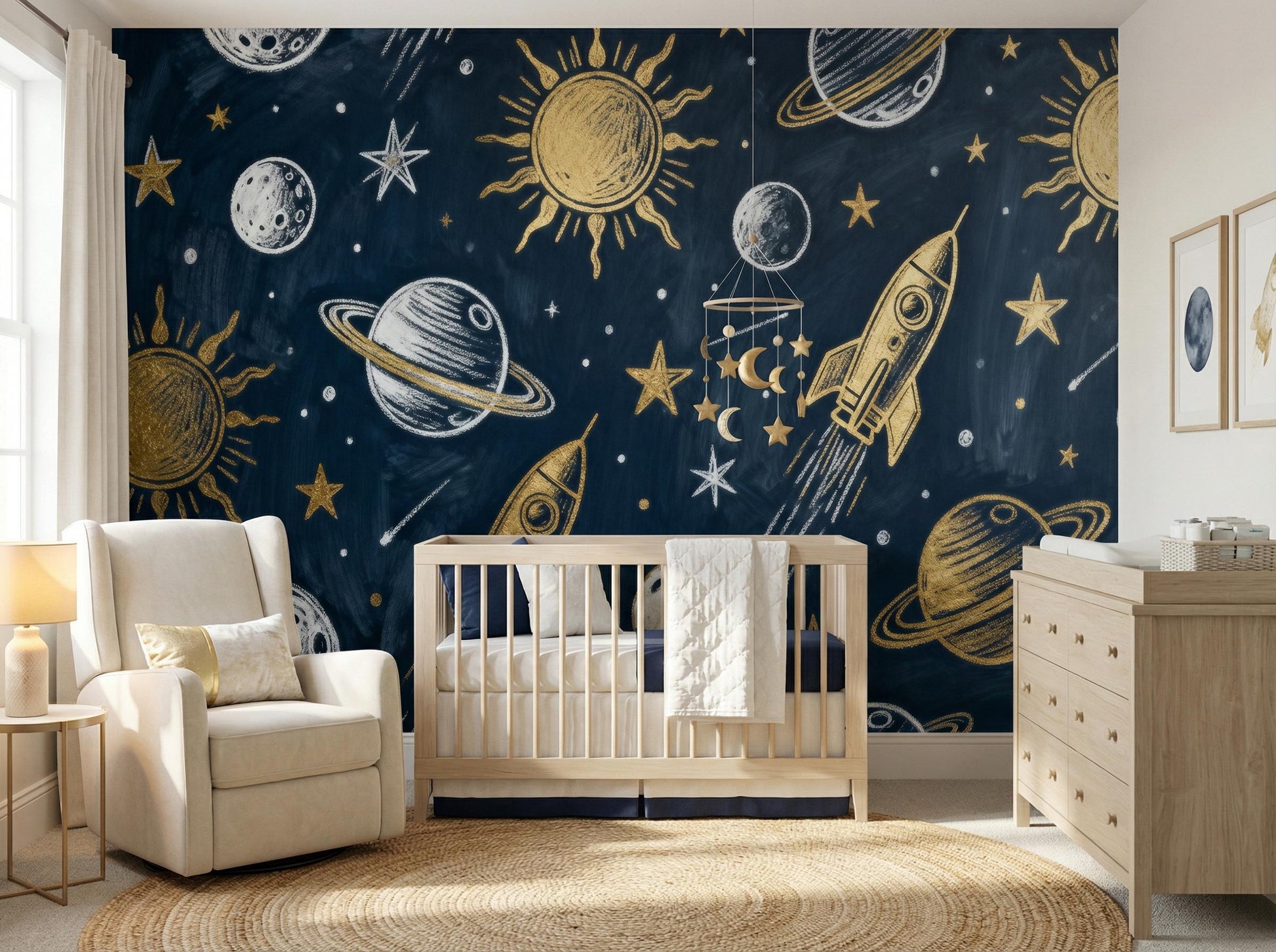 Navy Blue Space Celestial Wallpaper – scale reference, Golden Era Walls