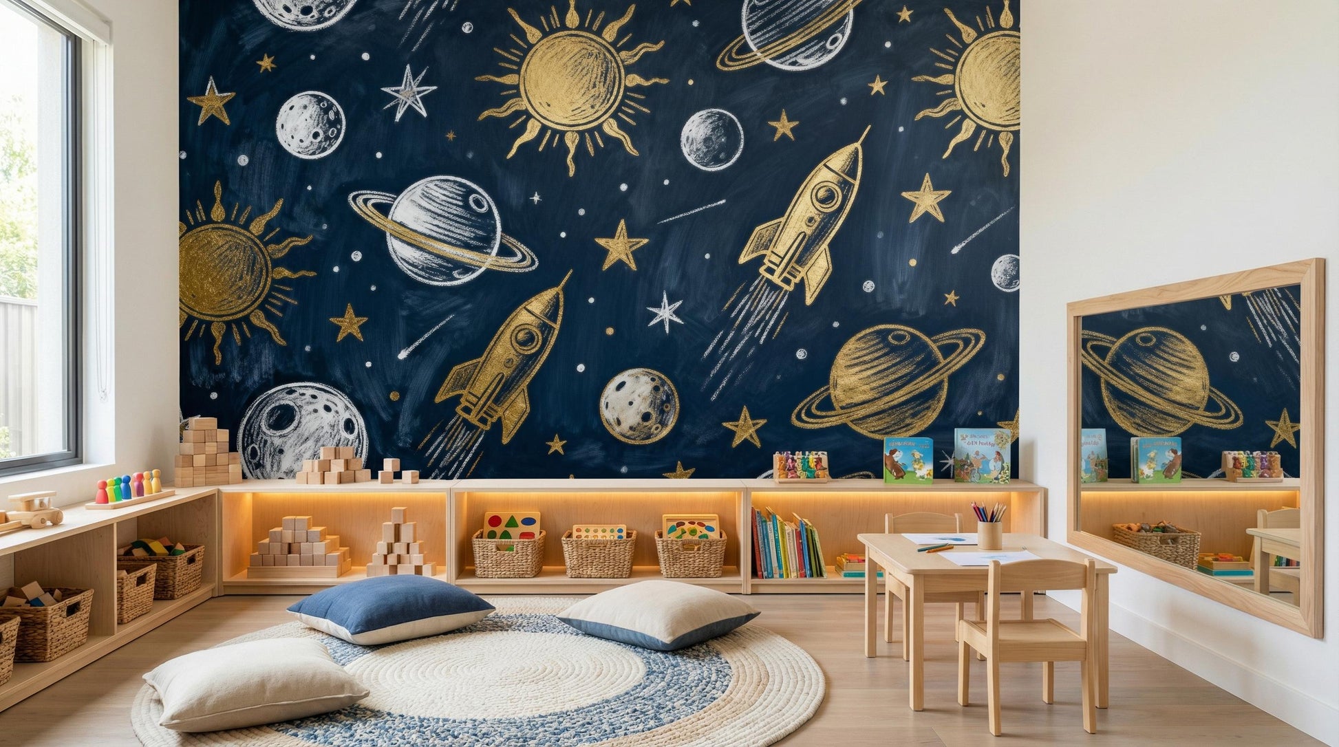 Navy Blue Space Celestial Wallpaper – detail view, Golden Era Walls