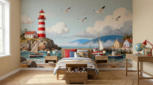 Ocean Whimsical Lighthouse Print Coastal Wallpaper – room setting, Golden Era Walls