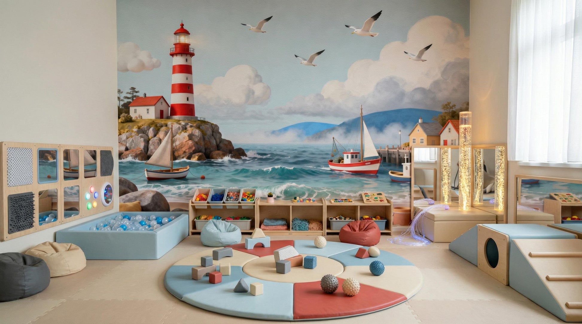 Ocean Whimsical Lighthouse Print Coastal Wallpaper – peel and stick wallpaper mural, Golden Era Walls