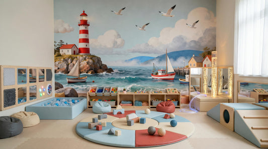 Ocean Whimsical Lighthouse Print Coastal Wallpaper – peel and stick wallpaper mural, Golden Era Walls
