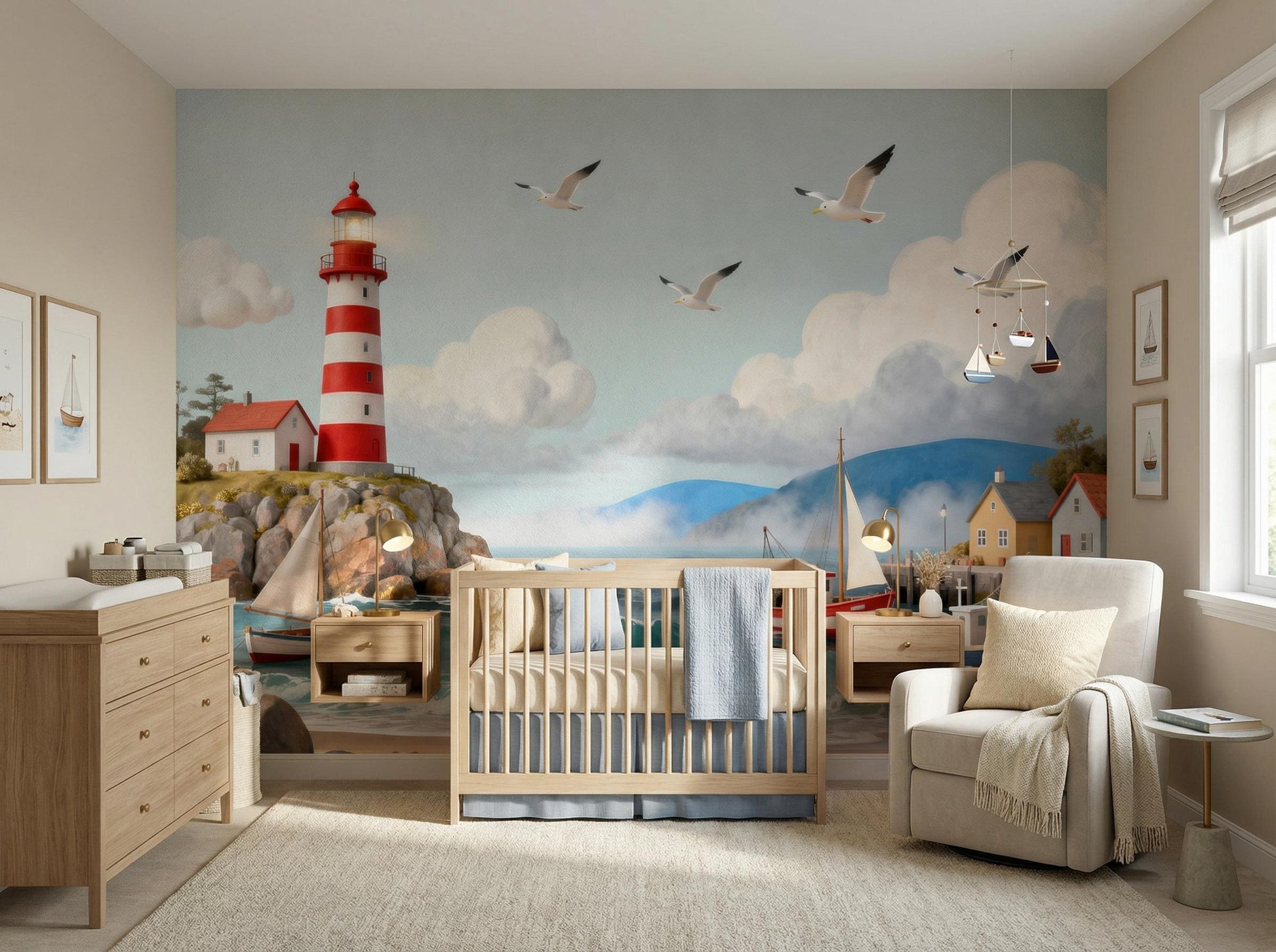 Ocean Whimsical Lighthouse Print Coastal Wallpaper – scale reference, Golden Era Walls