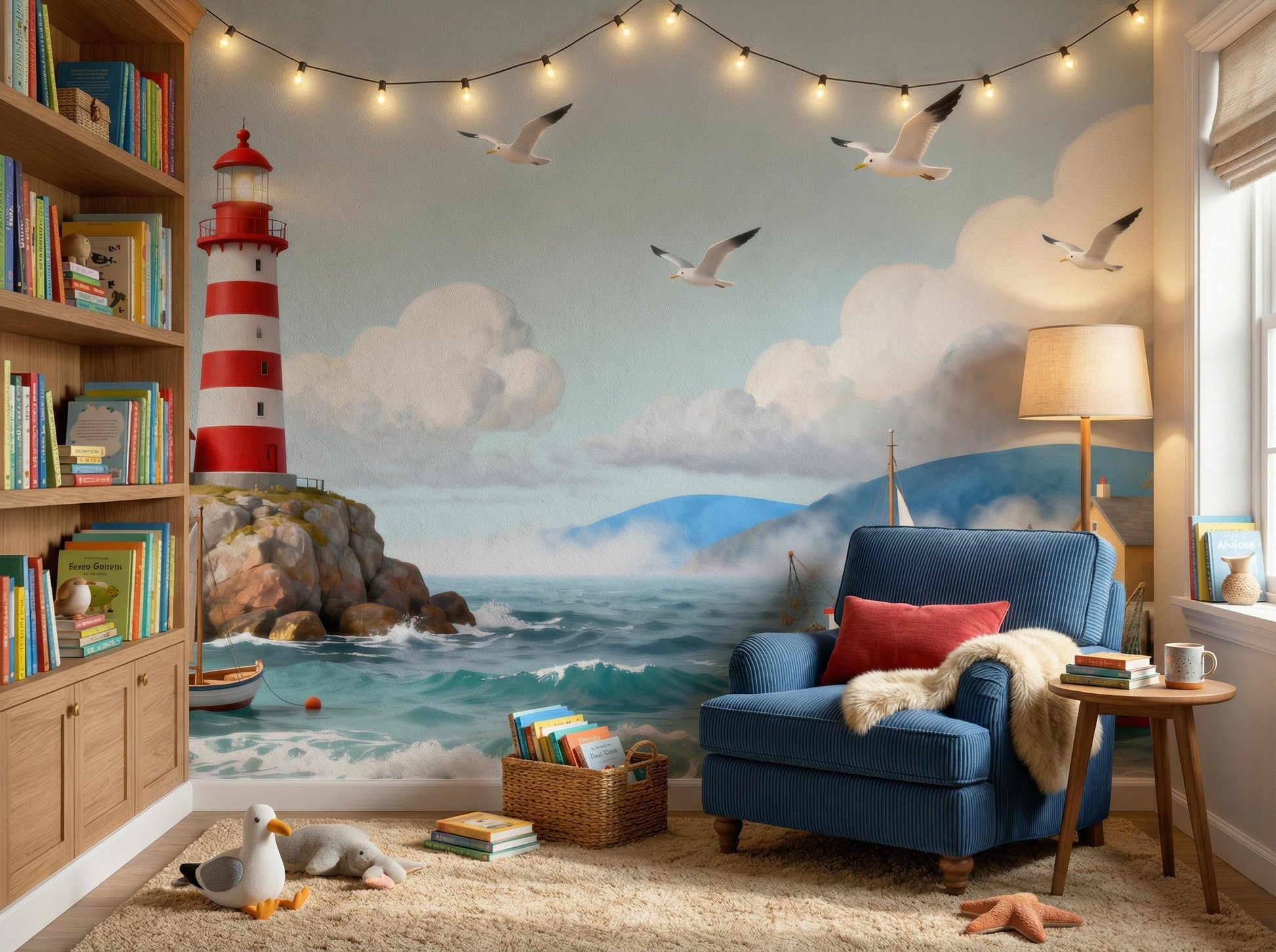 Ocean Whimsical Lighthouse Print Coastal Wallpaper – lifestyle view, Golden Era Walls