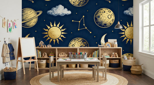 Celestial Space Navy Gold Wallpaper – room setting, Golden Era Walls