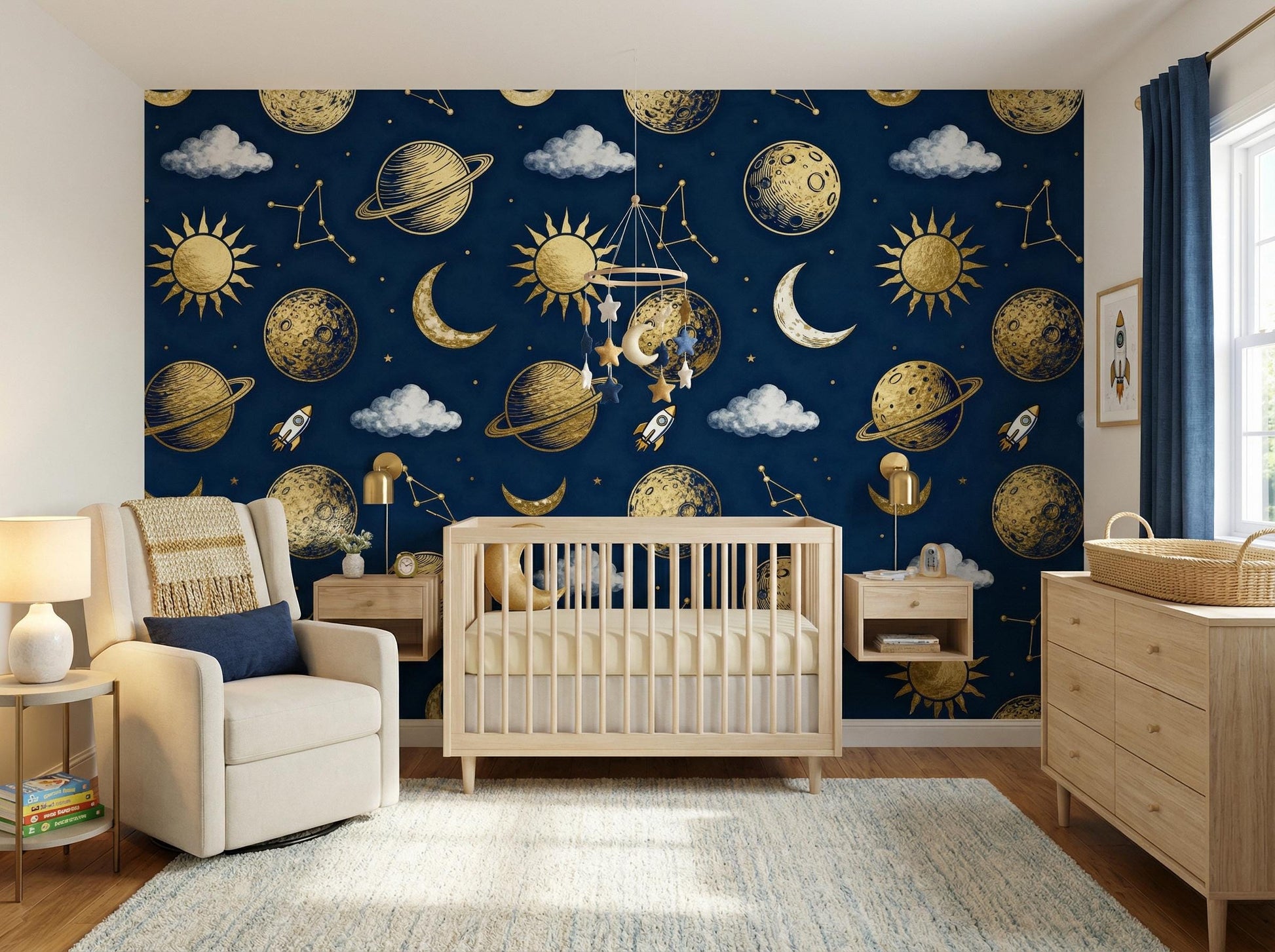 Celestial Space Navy Gold Wallpaper – detail view, Golden Era Walls