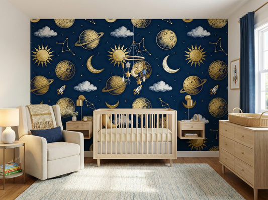 Celestial Space Navy Gold Wallpaper – detail view, Golden Era Walls