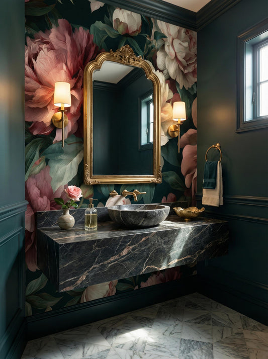 Dark Academia Floral Moody Floral Wallpaper – room setting, Golden Era Walls