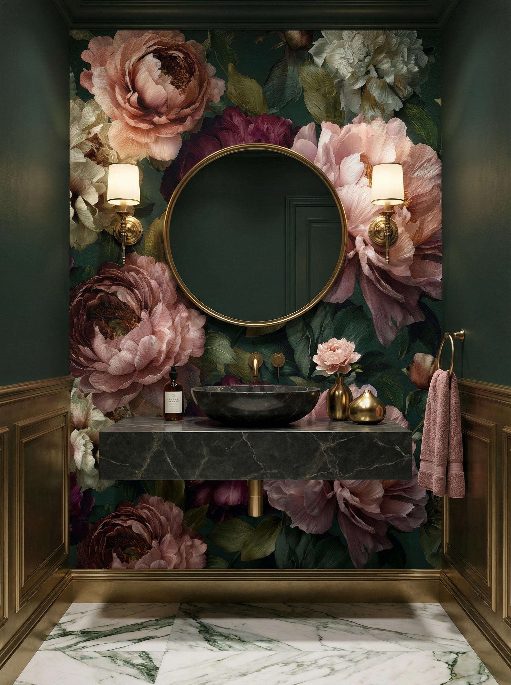 Dark Floral Moody Green Floral Wallpaper – room setting, Golden Era Walls