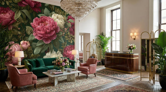 Green Pink Floral Oversized Floral Wallpaper – detail view, Golden Era Walls