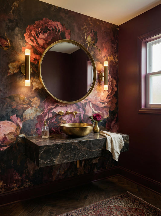 Dark Floral Moody Vintage Floral Wallpaper – room setting, Golden Era Walls