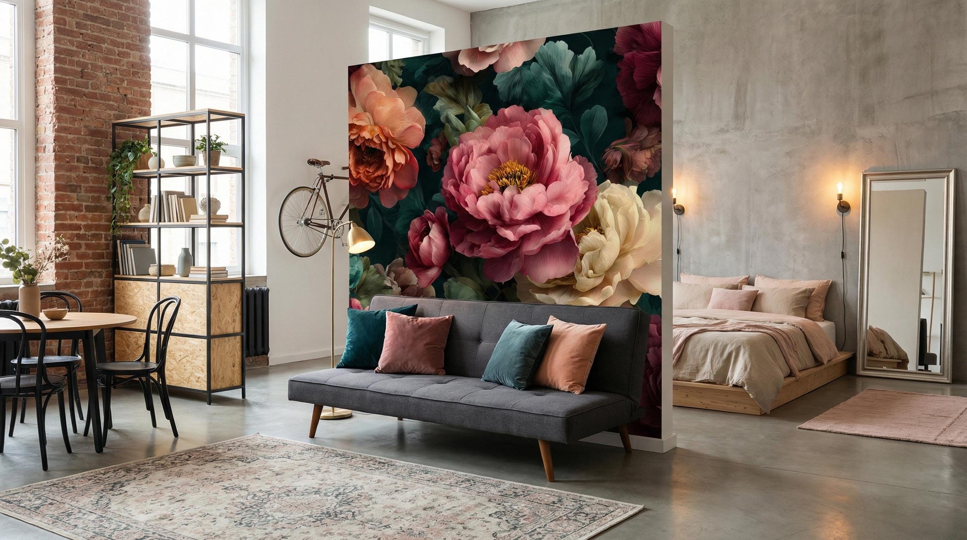Dark Green Floral Moody Floral Wallpaper – room setting, Golden Era Walls