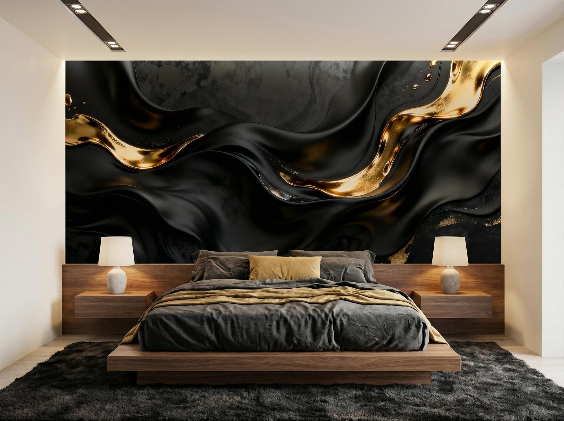 Black Gold Abstract Dark Marble Wallpaper – room setting, Golden Era Walls