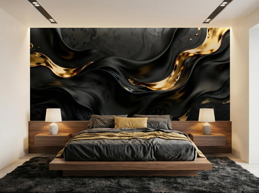 Black Gold Abstract Dark Marble Wallpaper – room setting, Golden Era Walls