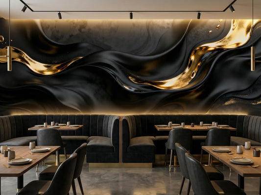 Black Gold Abstract Dark Marble Wallpaper – lifestyle view, Golden Era Walls