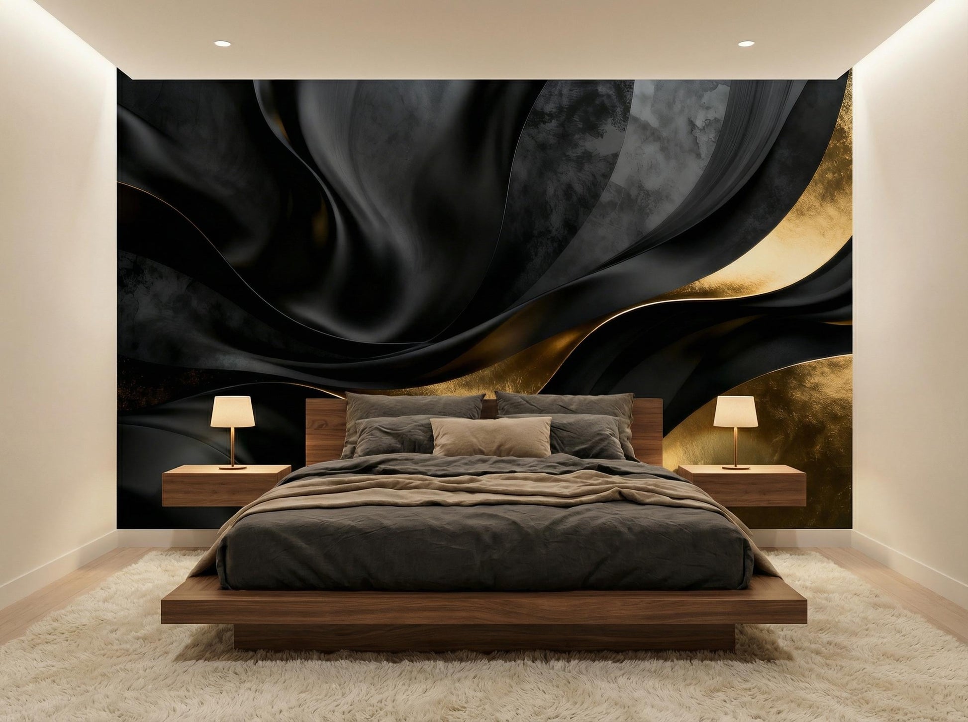 Black Gold Abstract Luxury Marble Wallpaper – room setting, Golden Era Walls