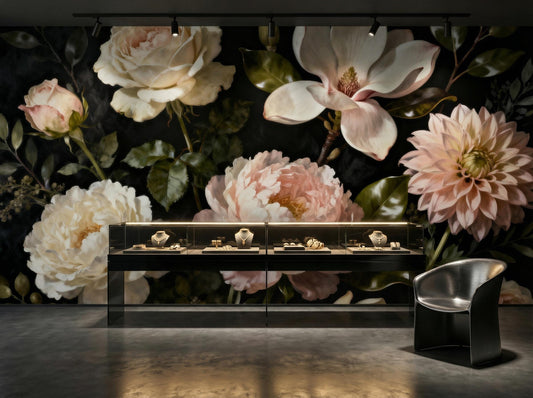 Dark Floral Moody Vintage Floral Wallpaper – room setting, Golden Era Walls