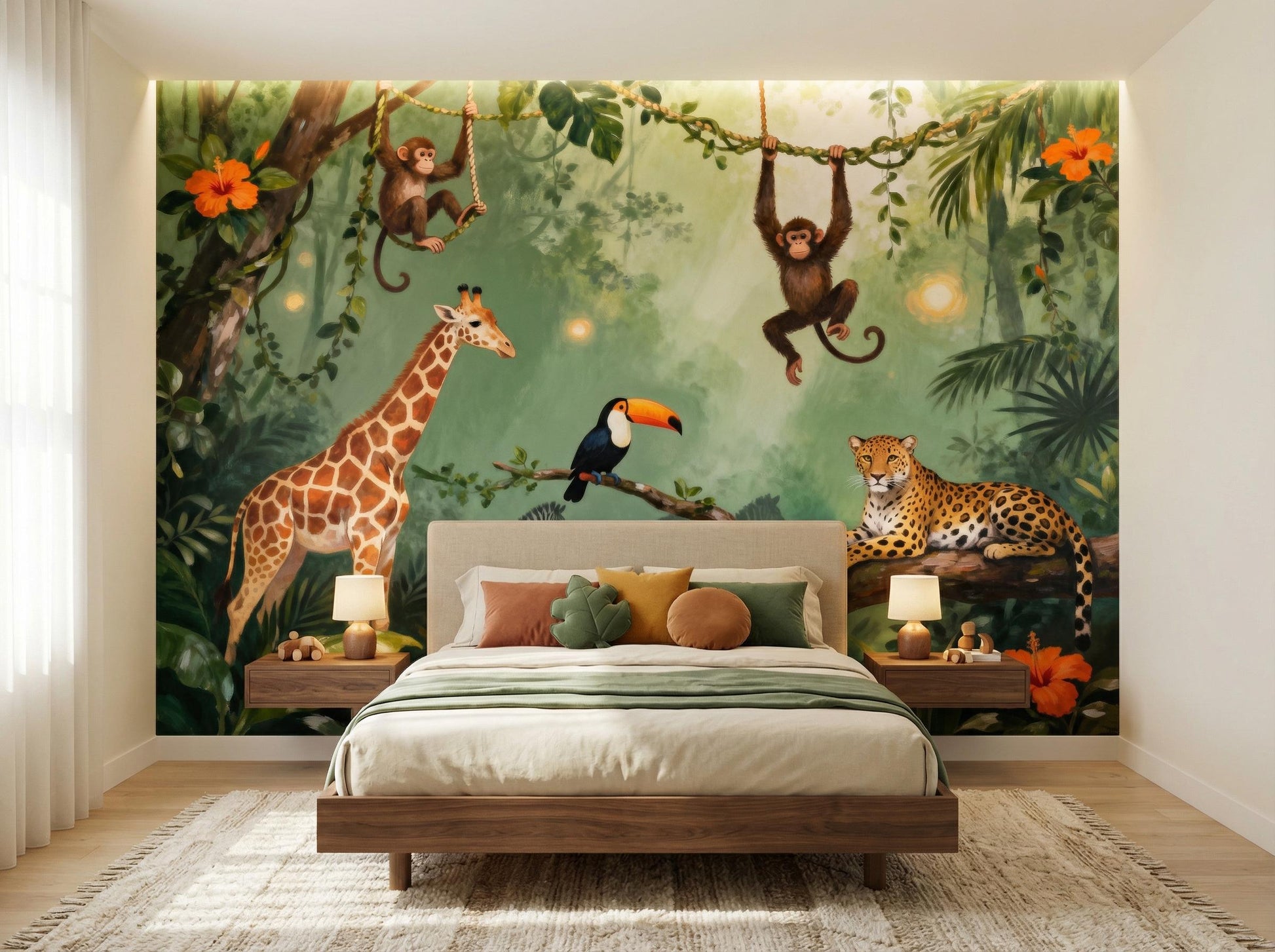 Jungle Safari Animals Green Tropical Wallpaper – room setting, Golden Era Walls