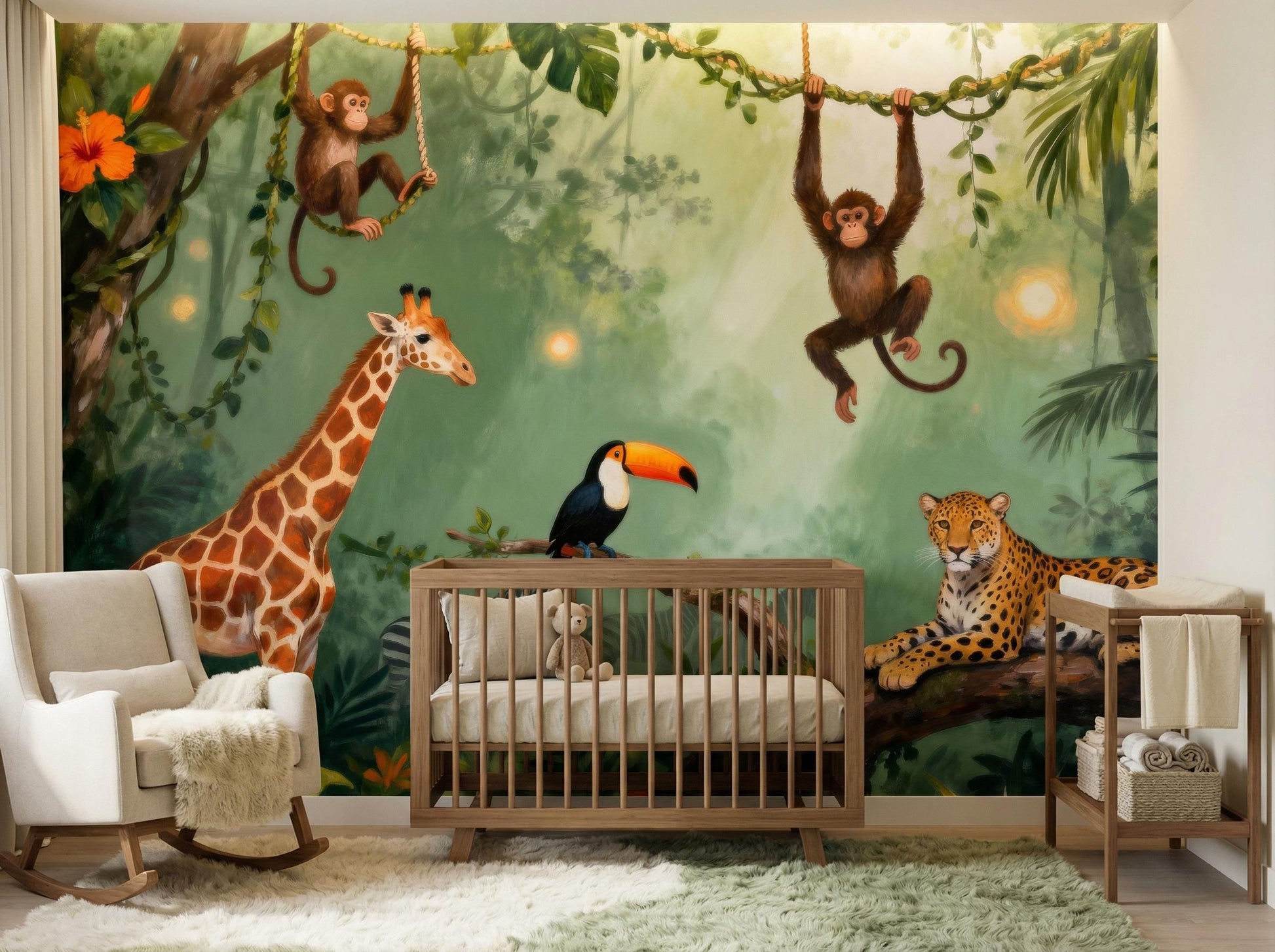Jungle Safari Animals Green Tropical Wallpaper – scale reference, Golden Era Walls