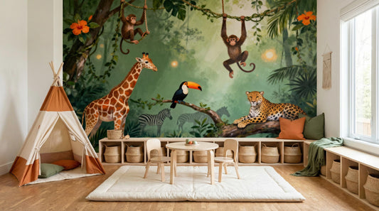 Jungle Safari Animals Green Tropical Wallpaper – lifestyle view, Golden Era Walls