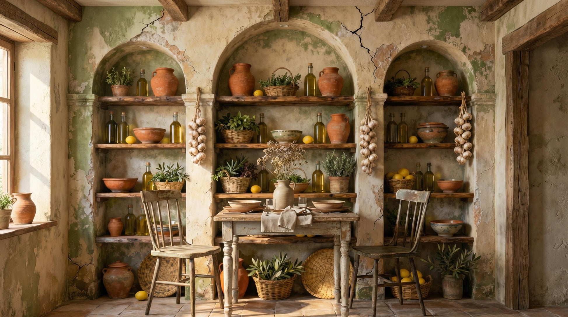 Mediterranean Kitchen Rustic Faux Marble Wallpaper – scale reference, Golden Era Walls