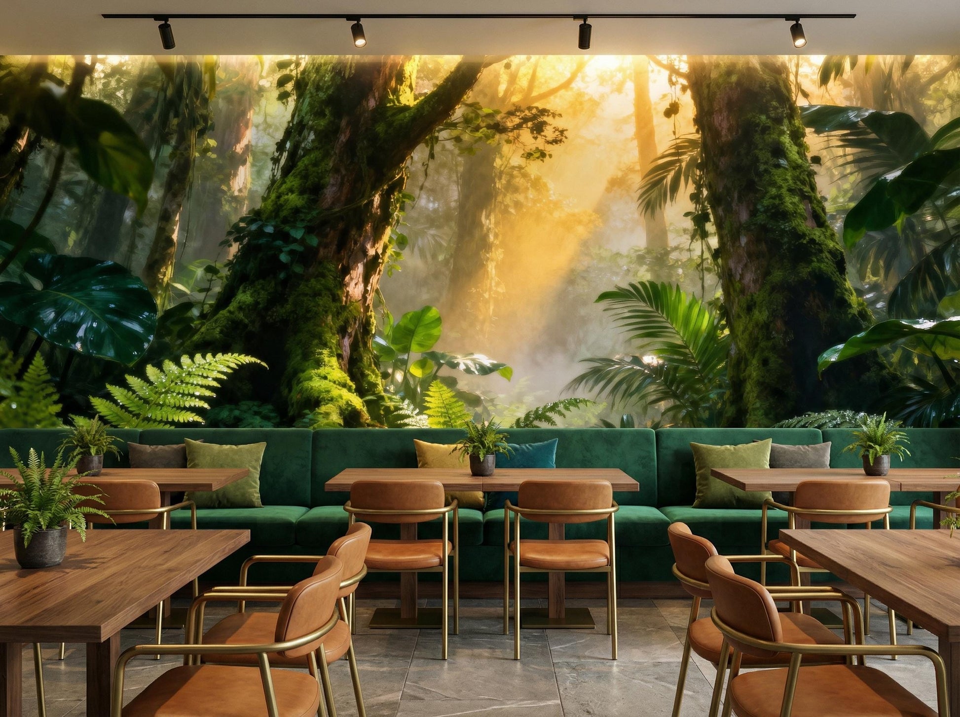Sunlit Forest Serene Jungle Floral Wallpaper – detail view, Golden Era Walls