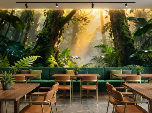 Sunlit Forest Serene Jungle Floral Wallpaper – detail view, Golden Era Walls