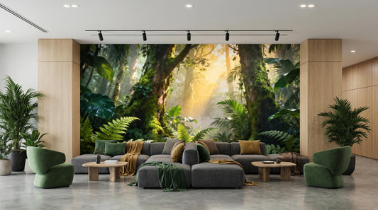 Sunlit Forest Serene Jungle Floral Wallpaper – peel and stick wallpaper mural, Golden Era Walls