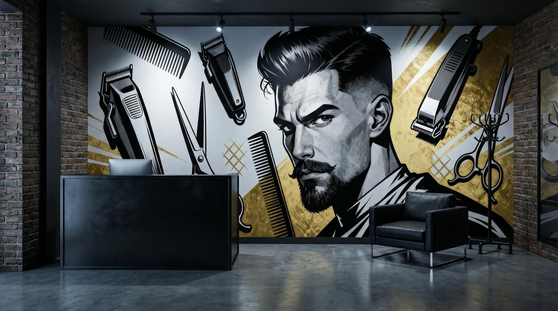 Retro Barbershop Black Gold Wallpaper – scale reference, Golden Era Walls