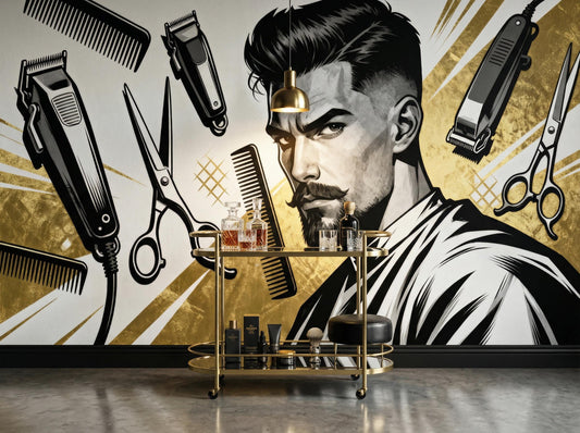 Retro Barbershop Black Gold Wallpaper – peel and stick wallpaper mural, Golden Era Walls