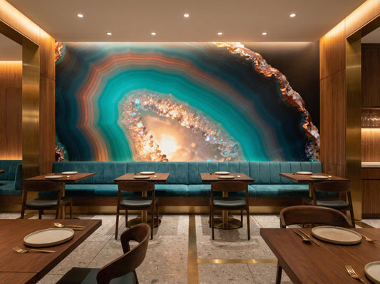 Teal Copper Agate Geode Marble Wallpaper – lifestyle view, Golden Era Walls