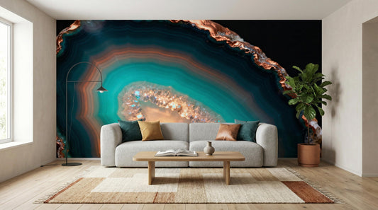 Teal Copper Agate Geode Marble Wallpaper – detail view, Golden Era Walls