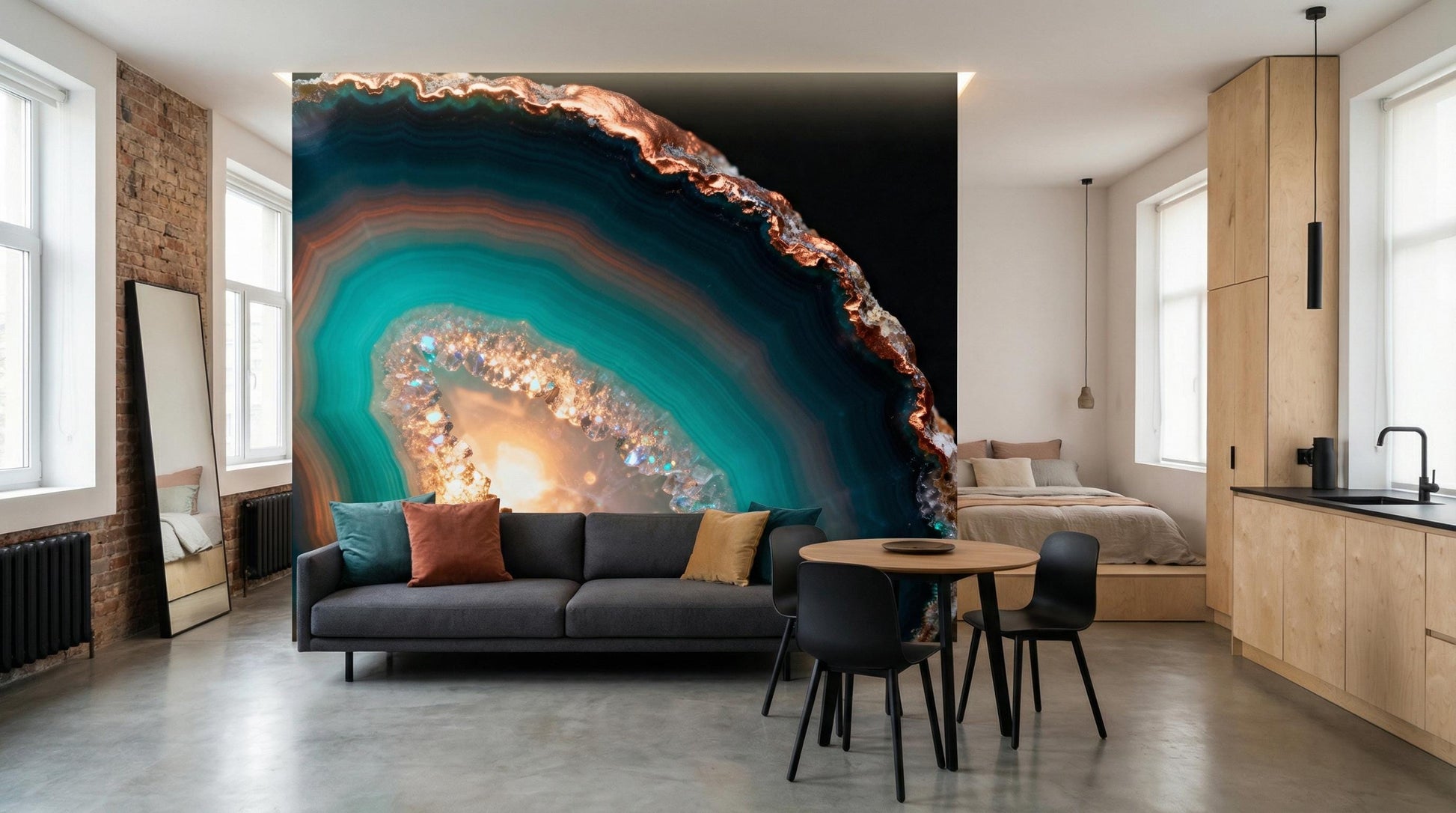 Teal Copper Agate Geode Marble Wallpaper – scale reference, Golden Era Walls