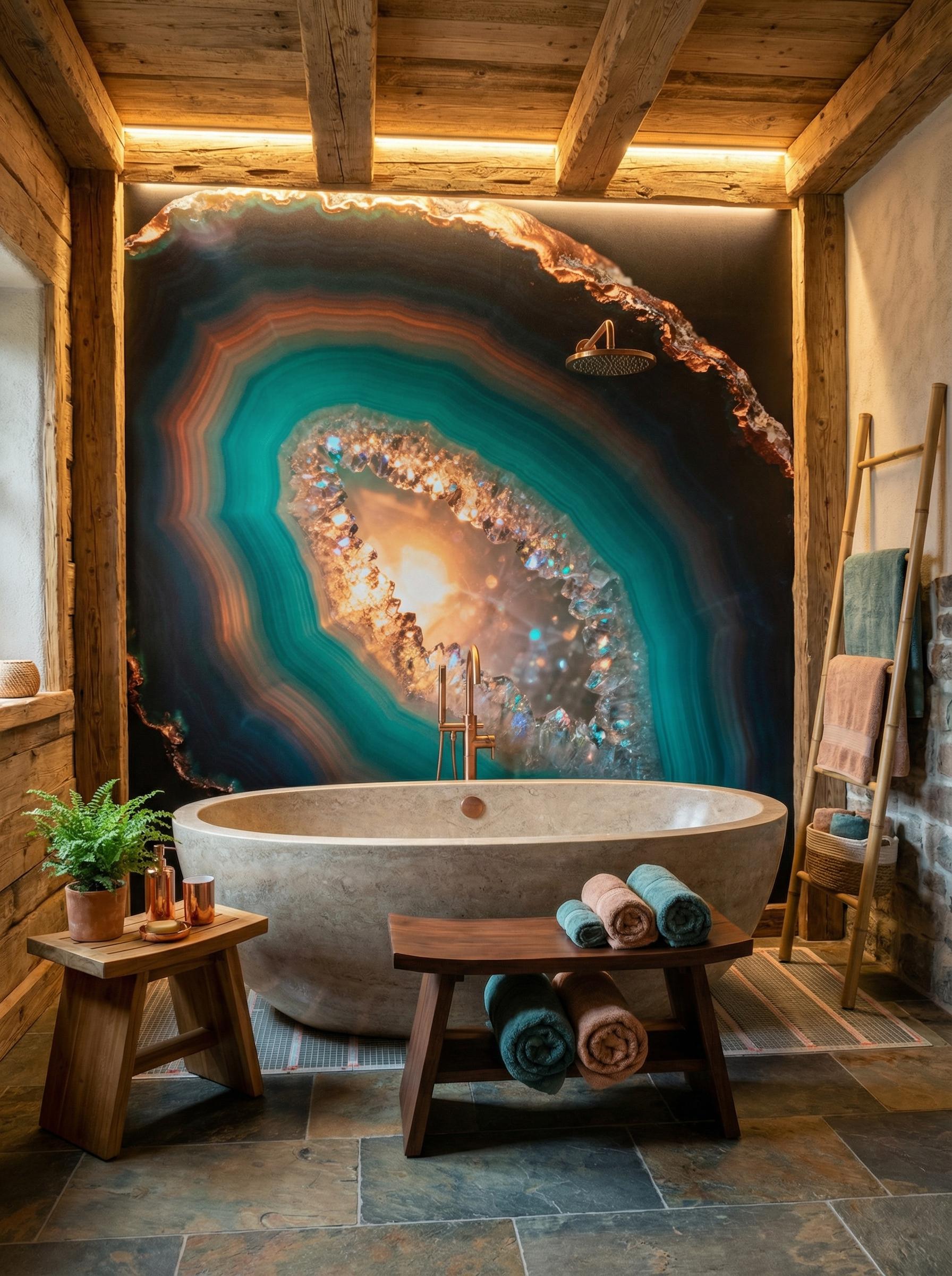 Teal Copper Agate Geode Marble Wallpaper – room setting, Golden Era Walls