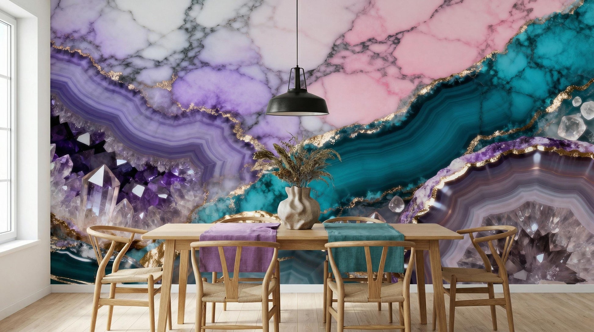 Teal Purple Geode Amethyst Marble Wallpaper – scale reference, Golden Era Walls