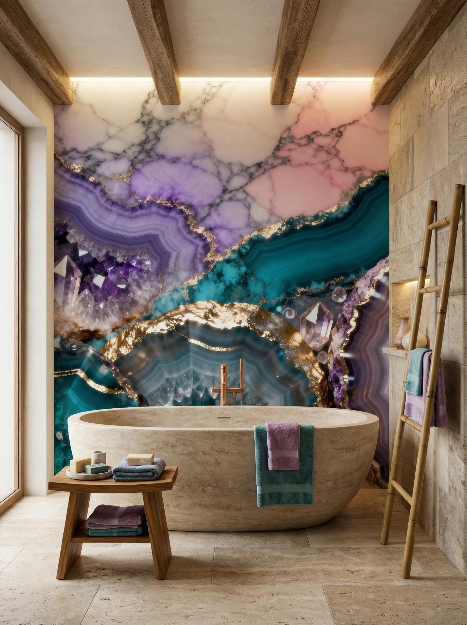 Teal Purple Geode Amethyst Marble Wallpaper – lifestyle view, Golden Era Walls