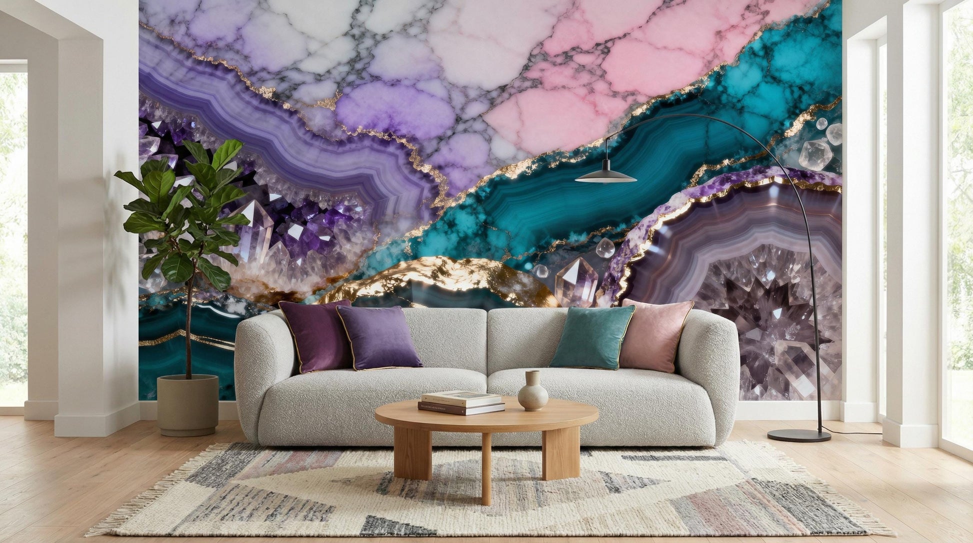 Teal Purple Geode Amethyst Marble Wallpaper – detail view, Golden Era Walls
