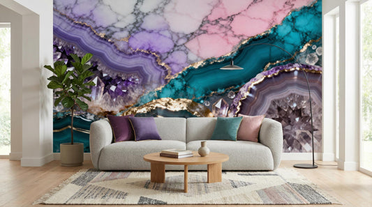 Teal Purple Geode Amethyst Marble Wallpaper – detail view, Golden Era Walls