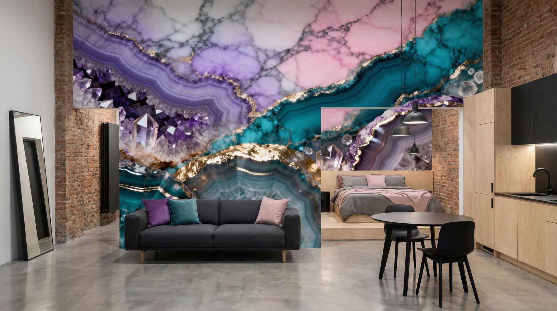 Teal Purple Geode Amethyst Marble Wallpaper – alternate view, Golden Era Walls