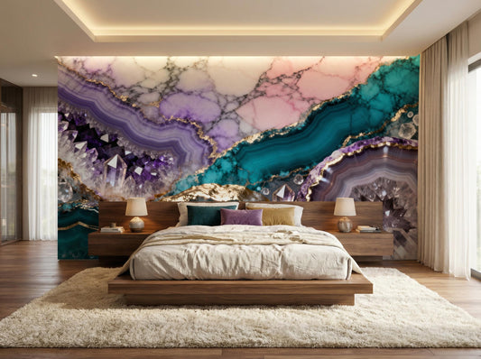 Teal Purple Geode Amethyst Marble Wallpaper – room setting, Golden Era Walls