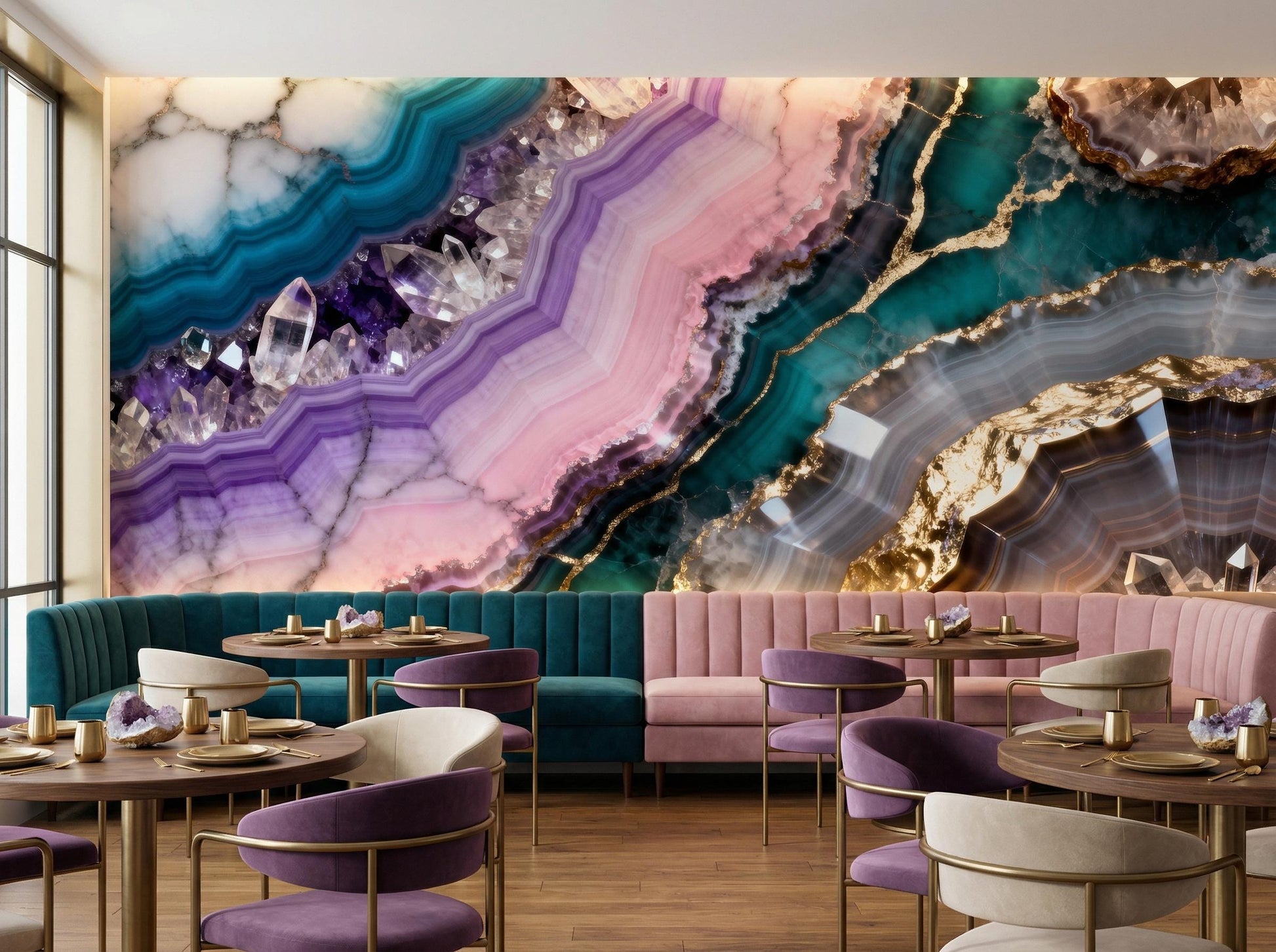 Teal Purple Geode Amethyst Marble Wallpaper – peel and stick wallpaper mural, Golden Era Walls