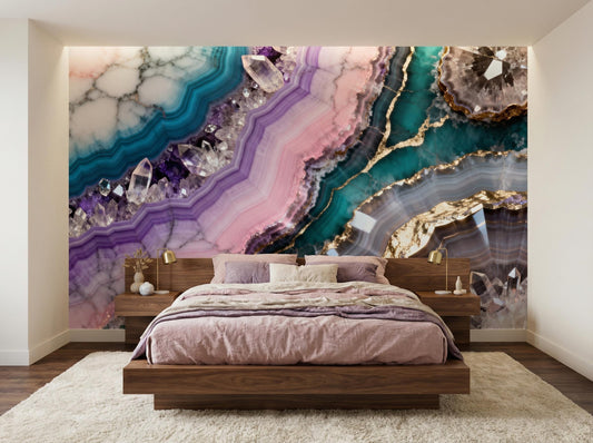 Teal Purple Geode Amethyst Marble Wallpaper – lifestyle view, Golden Era Walls