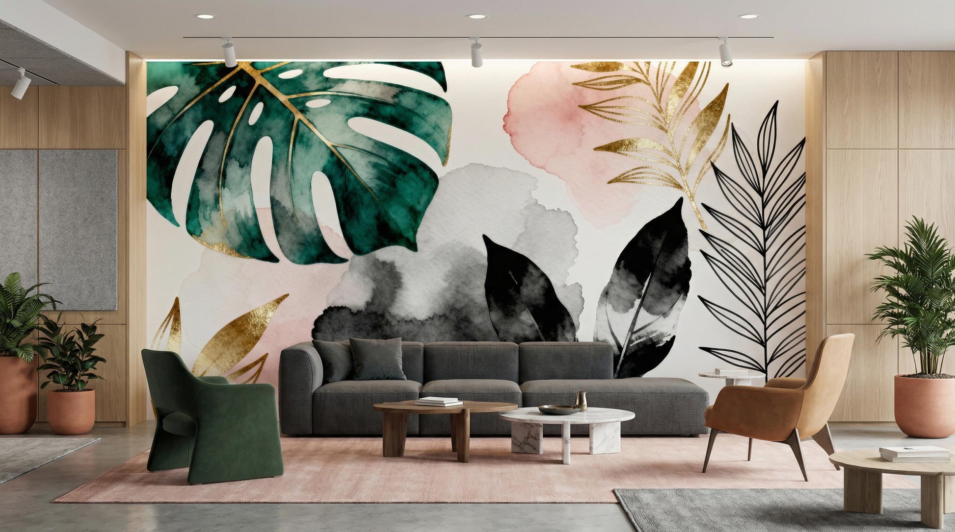 Watercolor Tropical Leaf Green Floral Wallpaper – lifestyle view, Golden Era Walls