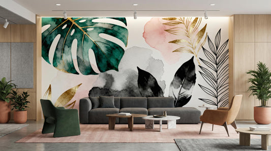 Watercolor Tropical Leaf Green Floral Wallpaper – lifestyle view, Golden Era Walls