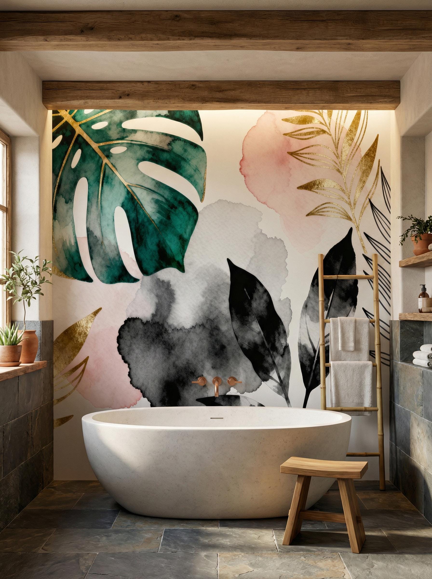 Watercolor Tropical Leaf Green Floral Wallpaper – room setting, Golden Era Walls
