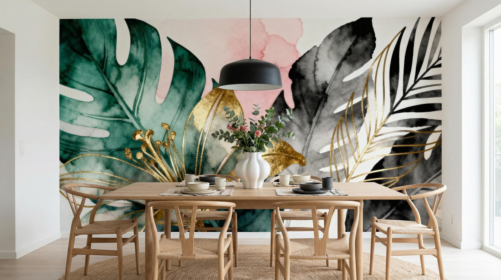 Watercolor Botanical Dark Green Floral Wallpaper – alternate view, Golden Era Walls