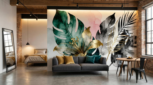 Watercolor Botanical Dark Green Floral Wallpaper – room setting, Golden Era Walls