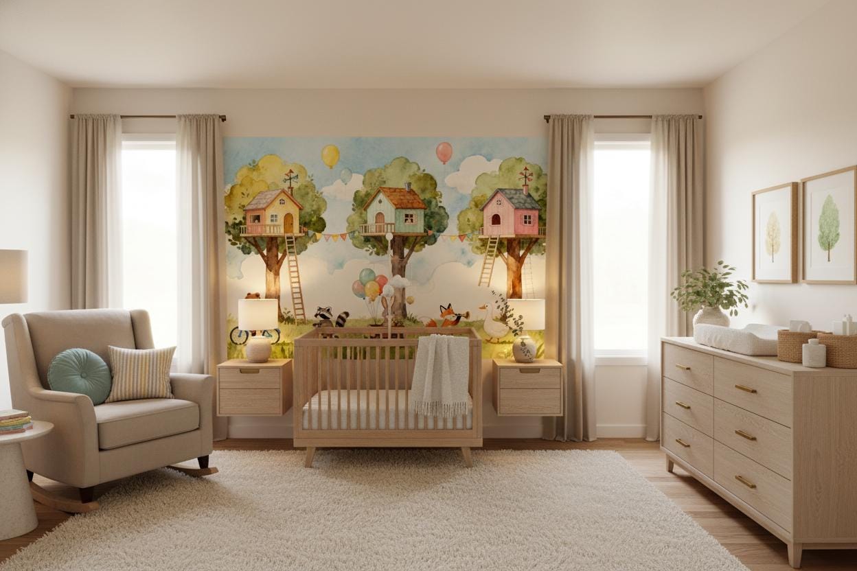 Woodland Animal Watercolor Treehouse Wallpaper – scale reference, Golden Era Walls